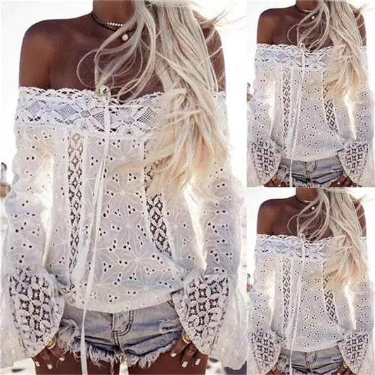 Summer Women Lace White Blouse Tops Turtleneck Shirt