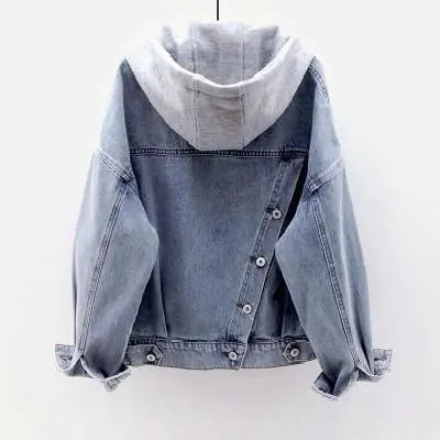 Light Blue Loose Fit Denim Jacket with Hood and Pockets - - jacket