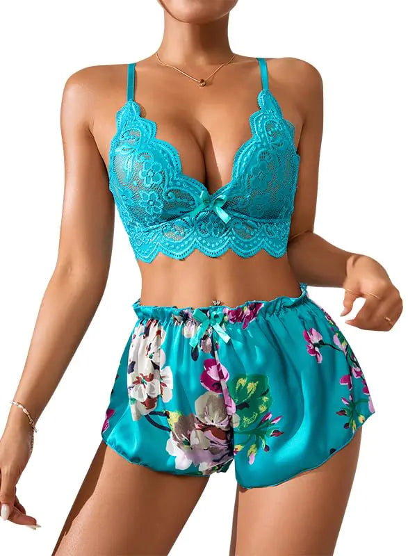 Green M Strappy High Waist Floral Lace Pajama Lingerie Set - - lingerie