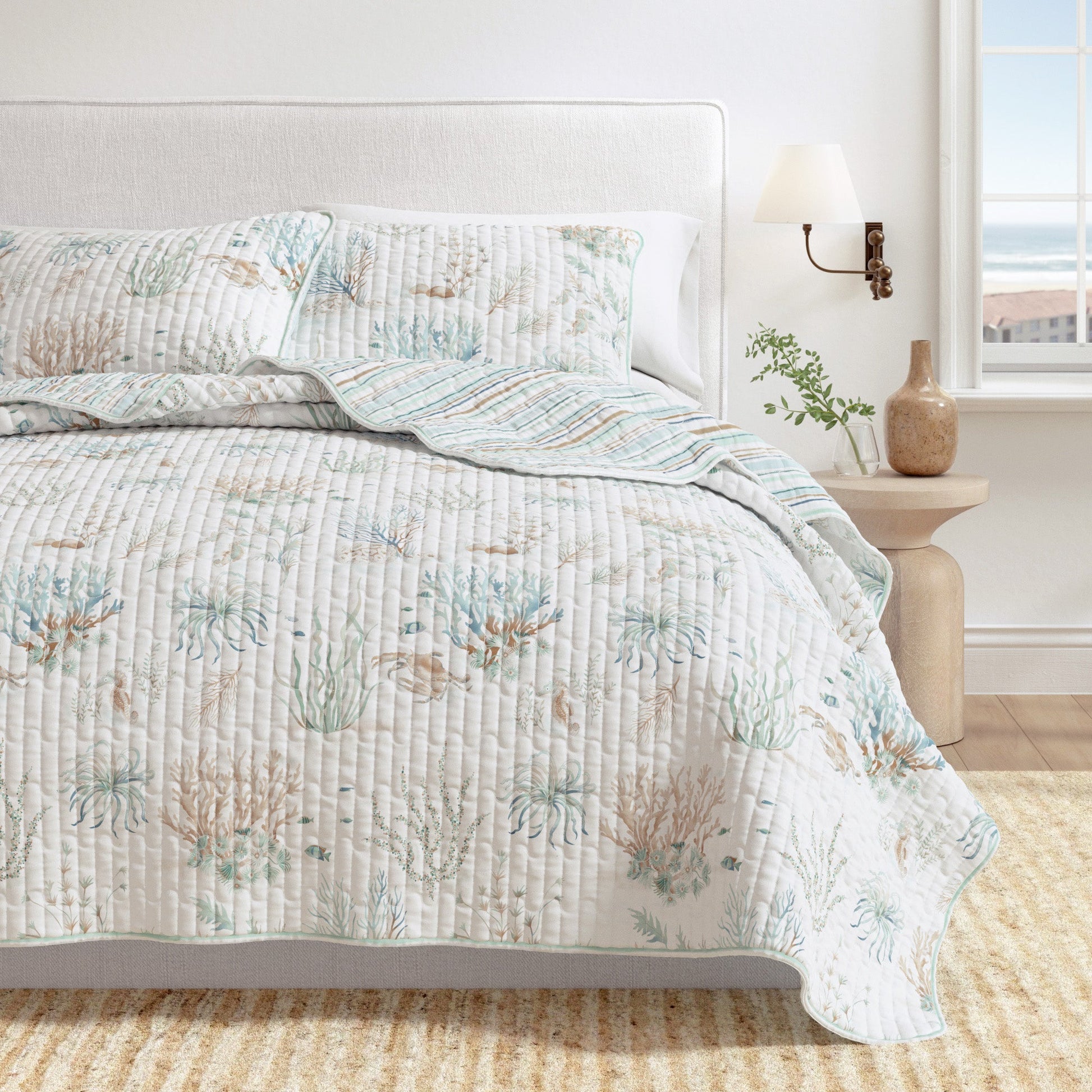Coastal Printed Cotton Quilt Set - Santa Barbara Collection - - Quilts & Comforters