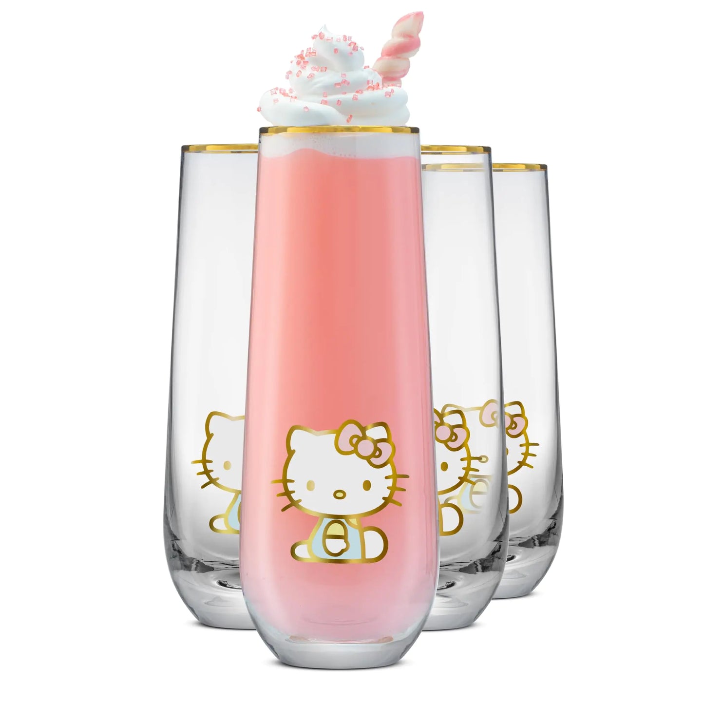 JoyJolt Hello Kitty Stay Gold Stemless Flutes 9.4oz Drinking Glasses Set of 4 Sanrio Highball Glasses Kawaii Hello Kitty Kitchen Glass Set Ideal for Water Juice Smoothies Skinny Tall Glasses