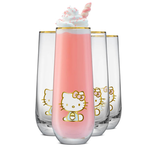 JoyJolt Hello Kitty Stay Gold Stemless Flutes 9.4oz Drinking Glasses Set of 4 Sanrio Highball Glasses Kawaii Hello Kitty Kitchen Glass Set Ideal for Water Juice Smoothies Skinny Tall Glasses