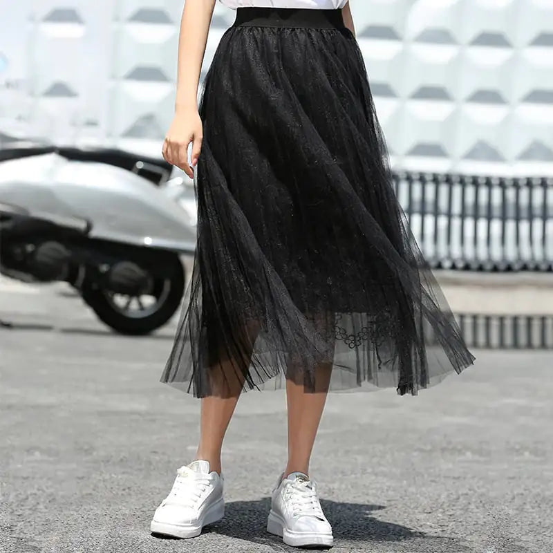 Net Yarn Fairy Puff Mid-Length Skirt for Ladies Kia Day Design