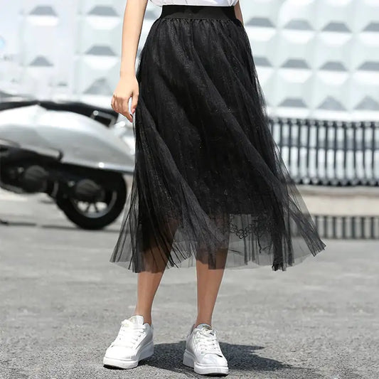 Net Yarn Fairy Puff Mid-Length Skirt for Ladies Kia Day Design