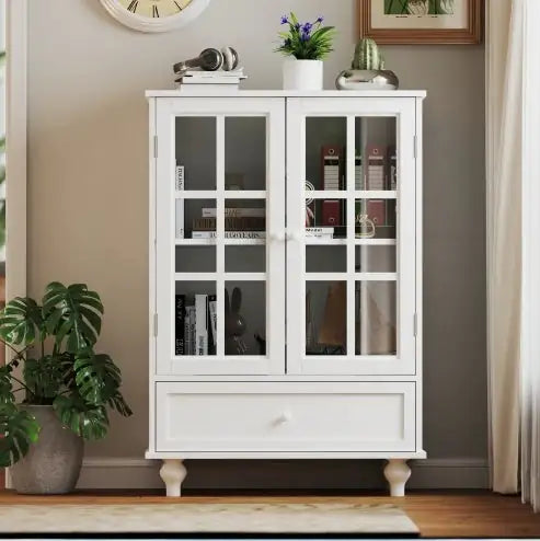 White Double Door Glass Cupboard with Drawer - Kia Day Design