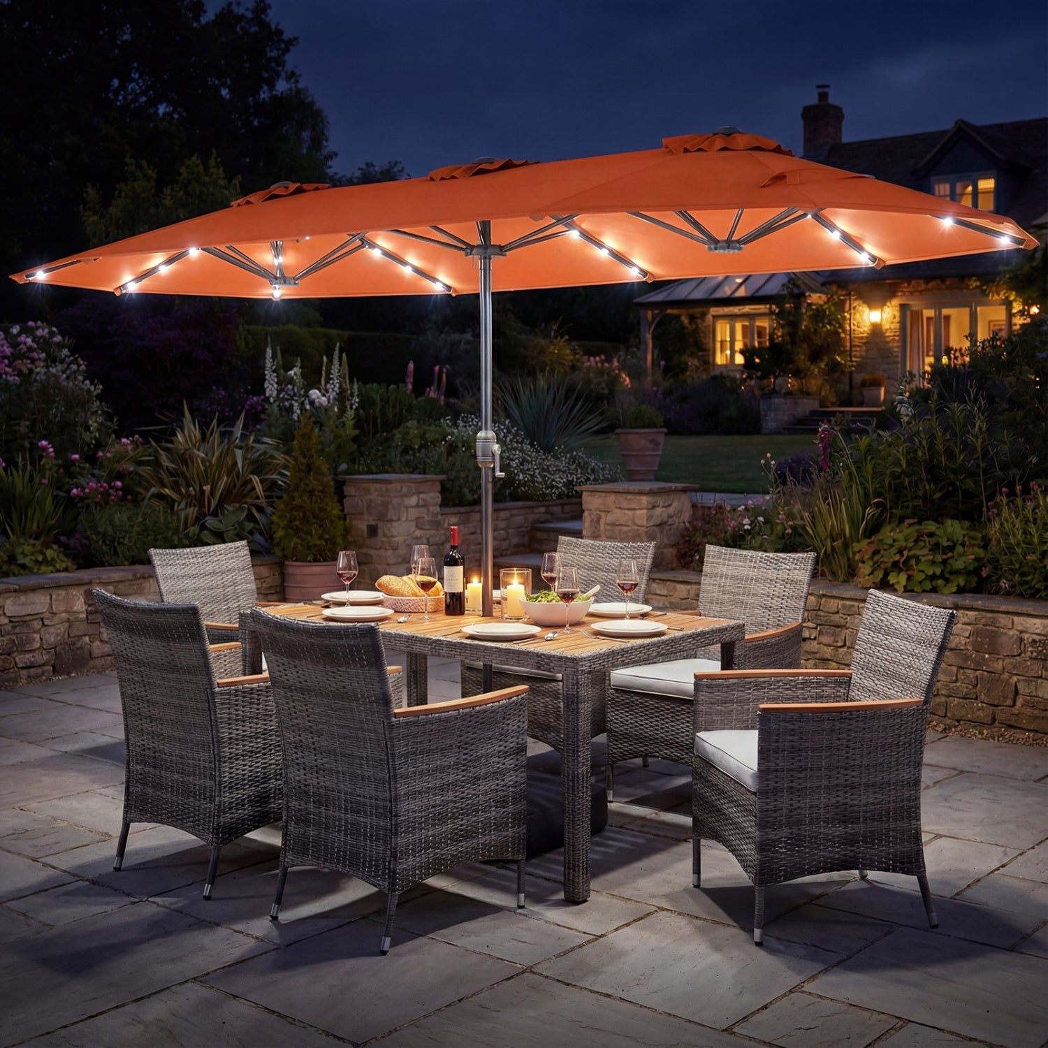 8 Pieces Outdoor Wicker Dining Furniture and 13.5 FT Double-Sided Patio Umbrella- DirectDeals- {{Product type}}