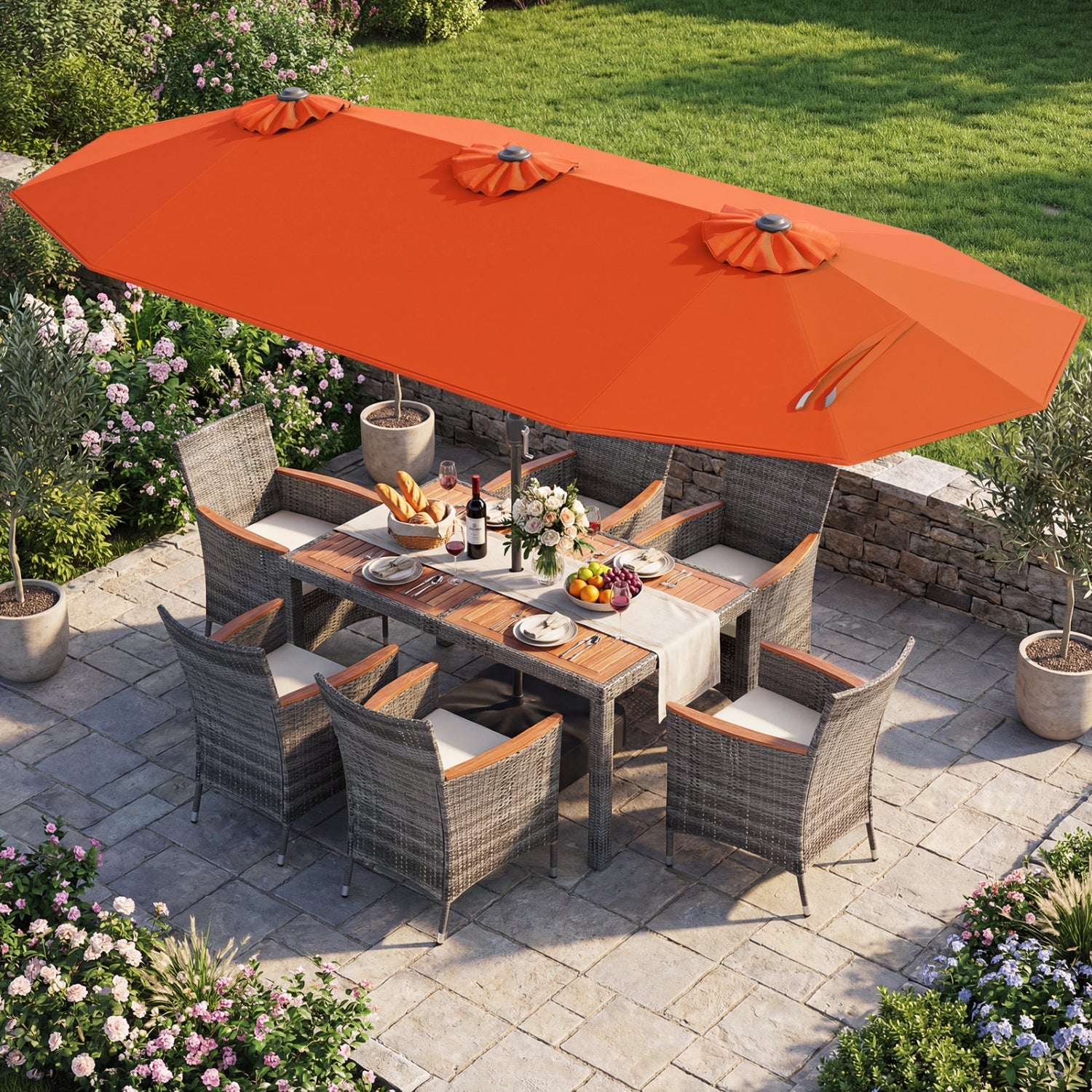 8 Pieces Outdoor Wicker Dining Furniture and 13.5 FT Double-Sided Patio Umbrella- DirectDeals- {{Product type}}