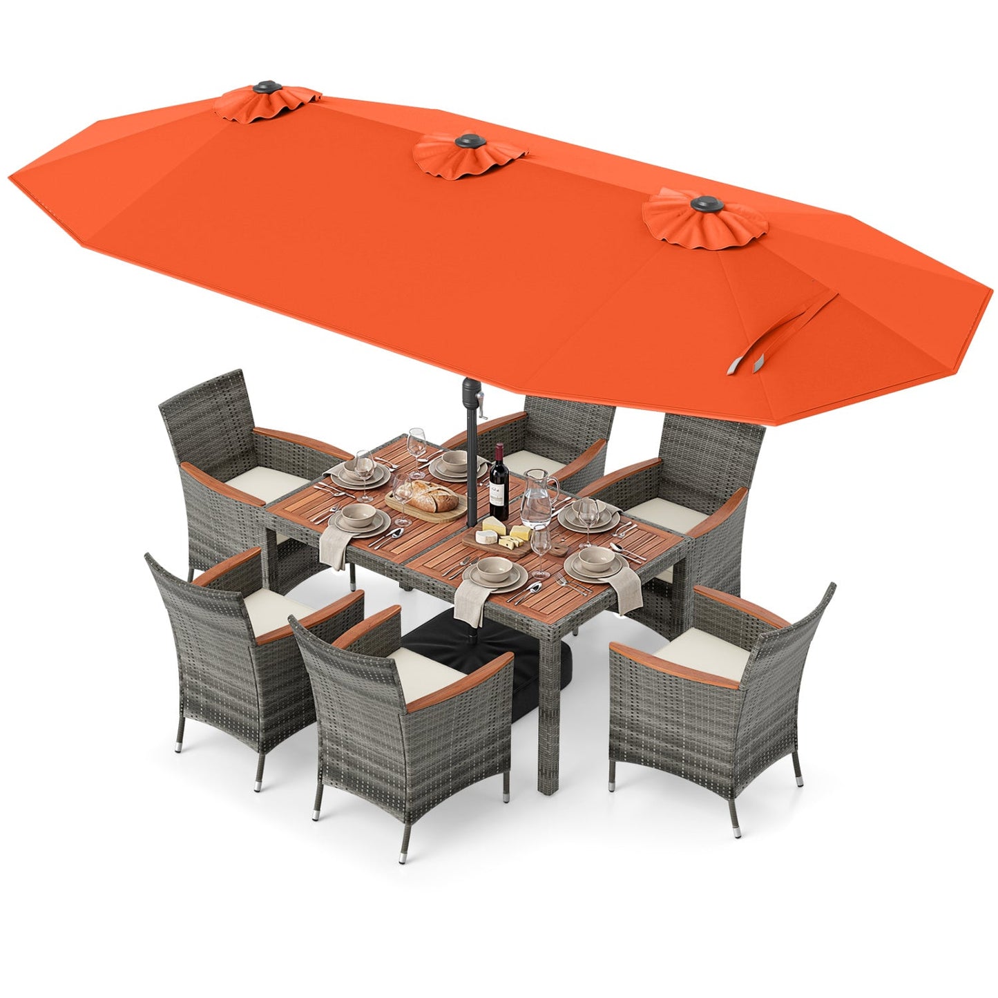 8 Pieces Outdoor Wicker Dining Furniture and 13.5 FT Double-Sided Patio Umbrella- DirectDeals- {{Product type}}