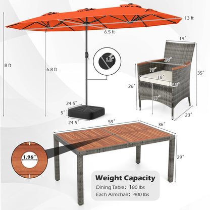 8 Pieces Outdoor Wicker Dining Furniture and 13.5 FT Double-Sided Patio Umbrella- DirectDeals- {{Product type}}