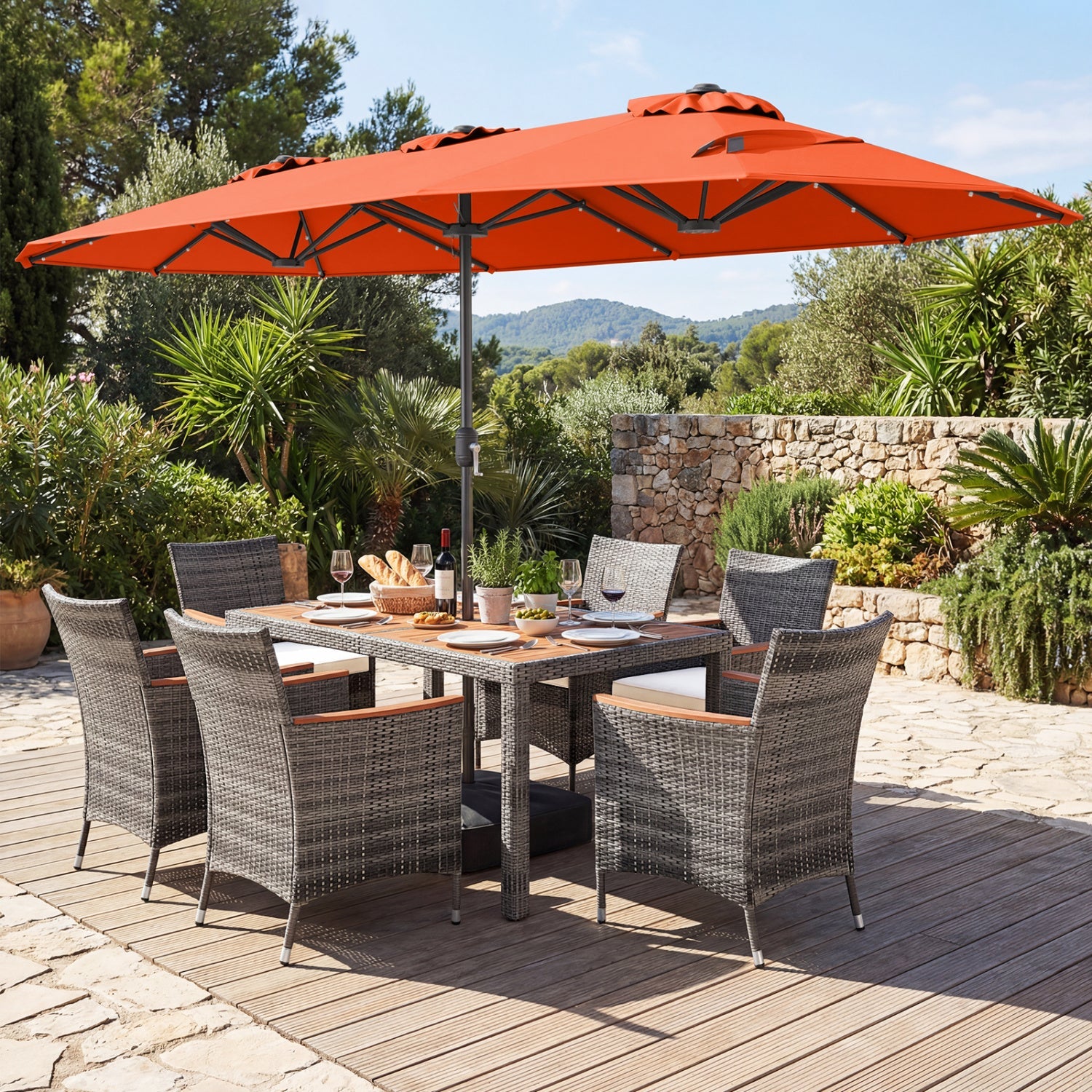 8 Pieces Outdoor Wicker Dining Furniture and 13.5 FT Double-Sided Patio Umbrella- DirectDeals- {{Product type}}