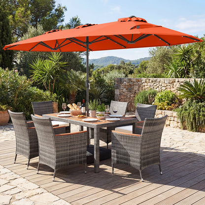 8 Pieces Outdoor Wicker Dining Furniture and 13.5 FT Double-Sided Patio Umbrella- DirectDeals- {{Product type}}