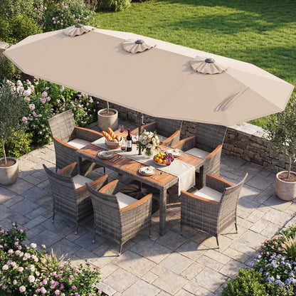8 Pieces Outdoor Wicker Dining Furniture and 13.5 FT Double-Sided Patio Umbrella- DirectDeals- {{Product type}}