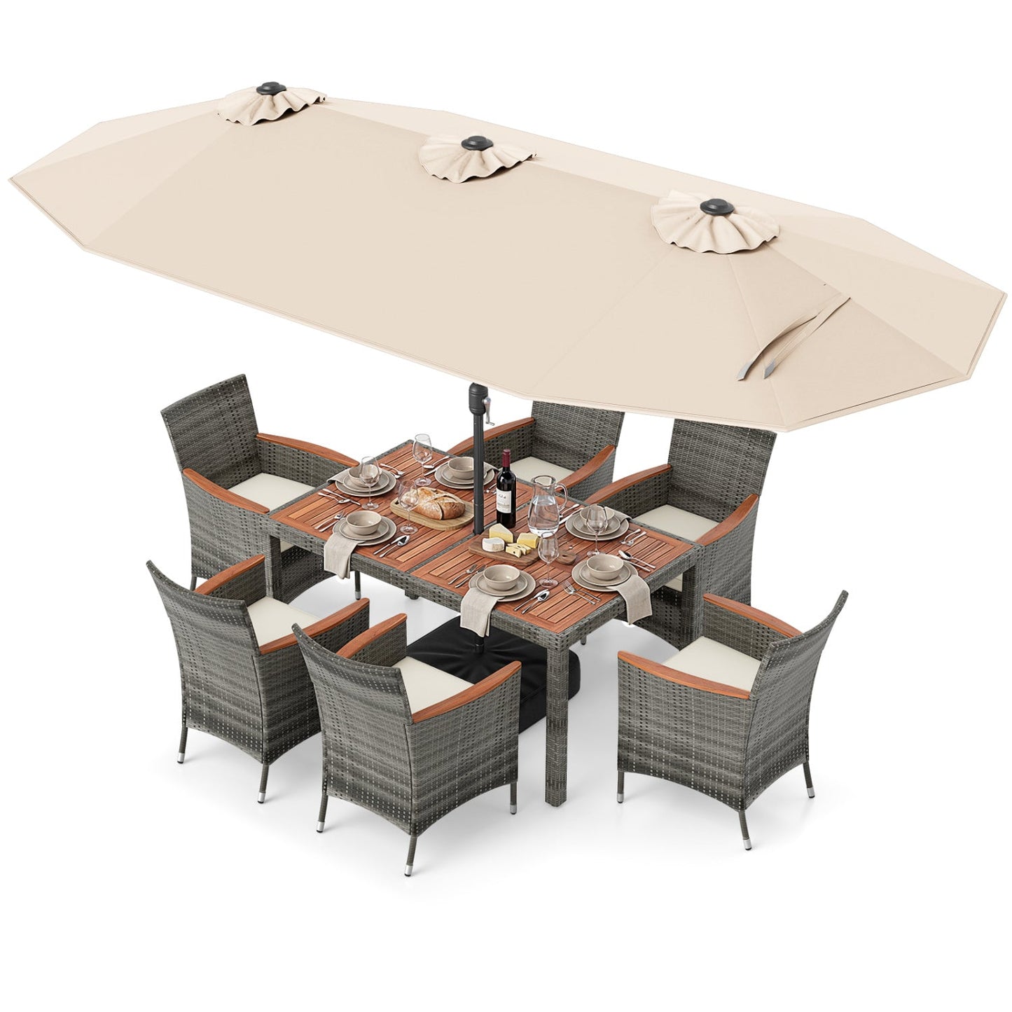 8 Pieces Outdoor Wicker Dining Furniture and 13.5 FT Double-Sided Patio Umbrella- DirectDeals- {{Product type}}