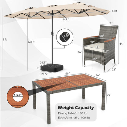 8 Pieces Outdoor Wicker Dining Furniture and 13.5 FT Double-Sided Patio Umbrella- DirectDeals- {{Product type}}