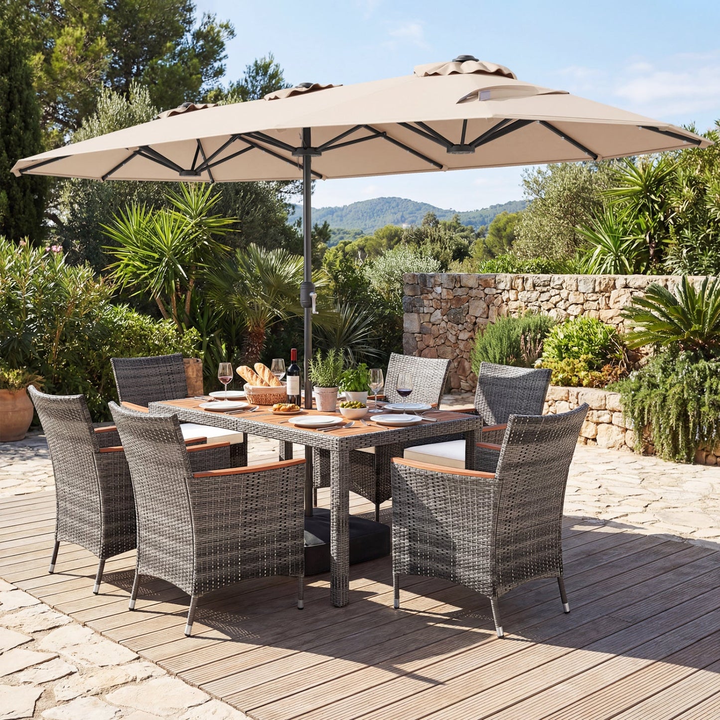 8 Pieces Outdoor Wicker Dining Furniture and 13.5 FT Double-Sided Patio Umbrella- DirectDeals- {{Product type}}