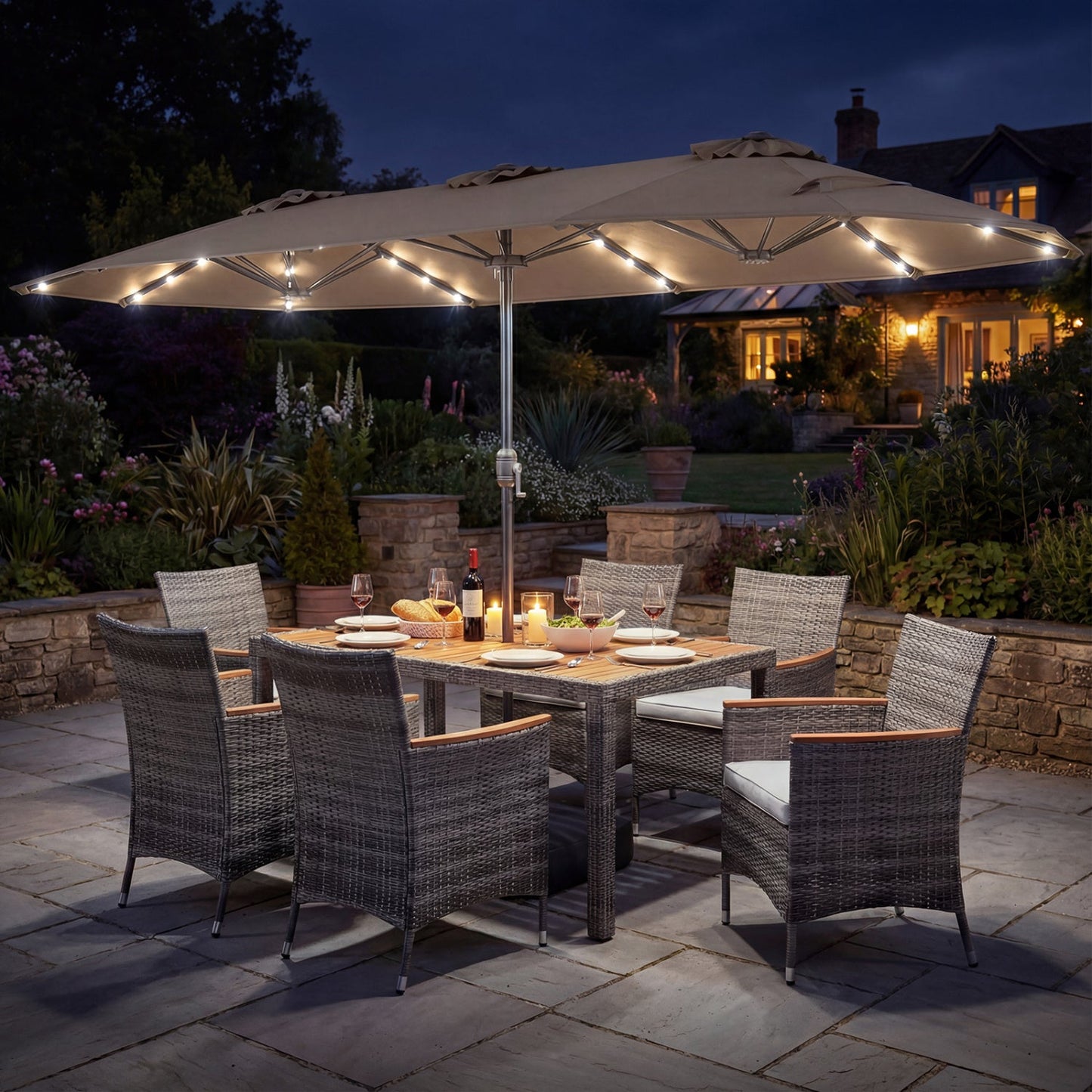 8 Pieces Outdoor Wicker Dining Furniture and 13.5 FT Double-Sided Patio Umbrella- DirectDeals- {{Product type}}