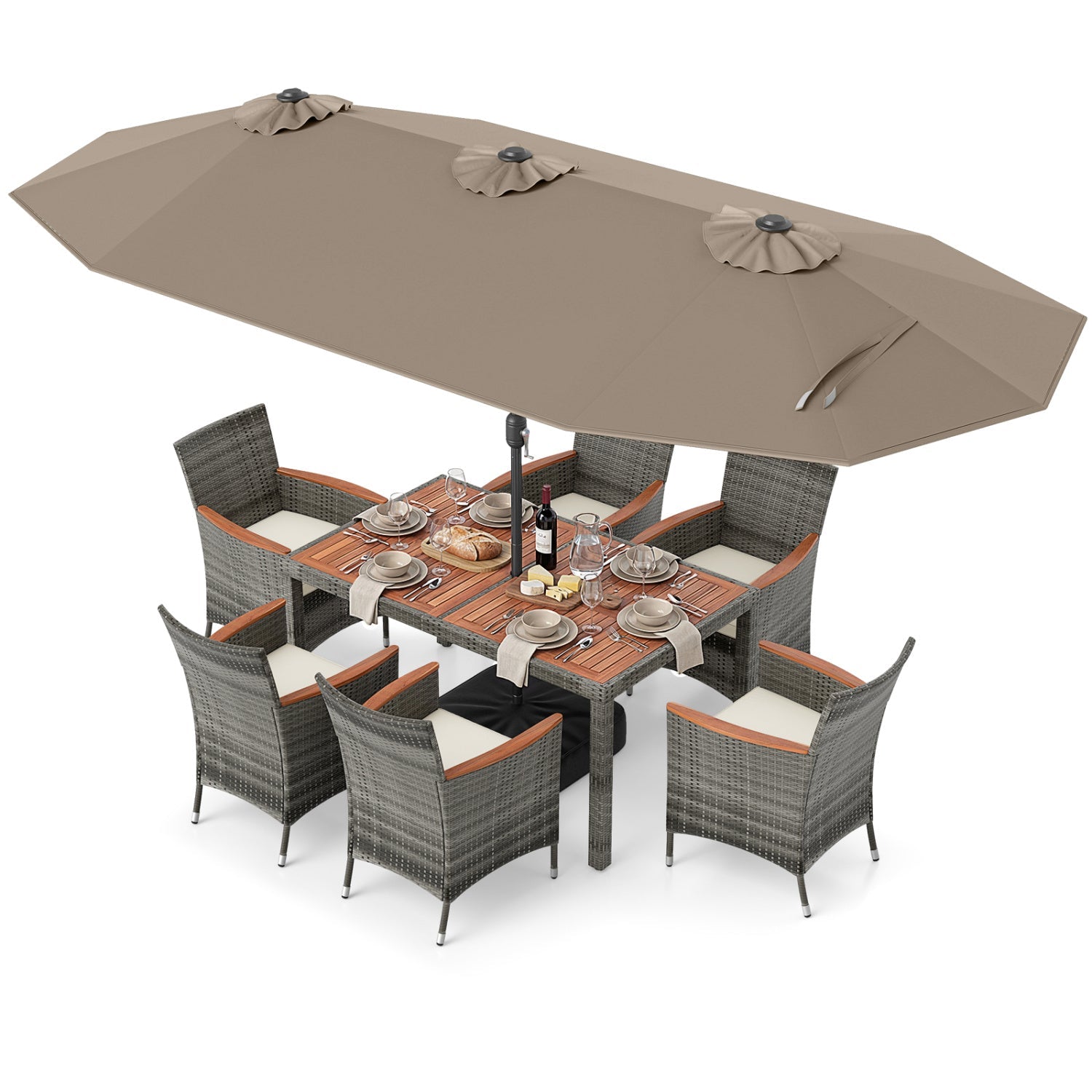 8 Pieces Outdoor Wicker Dining Furniture and 13.5 FT Double-Sided Patio Umbrella- DirectDeals- {{Product type}}