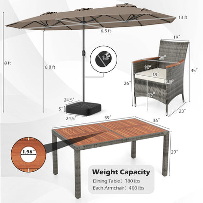 8 Pieces Outdoor Wicker Dining Furniture and 13.5 FT Double-Sided Patio Umbrella- DirectDeals- {{Product type}}
