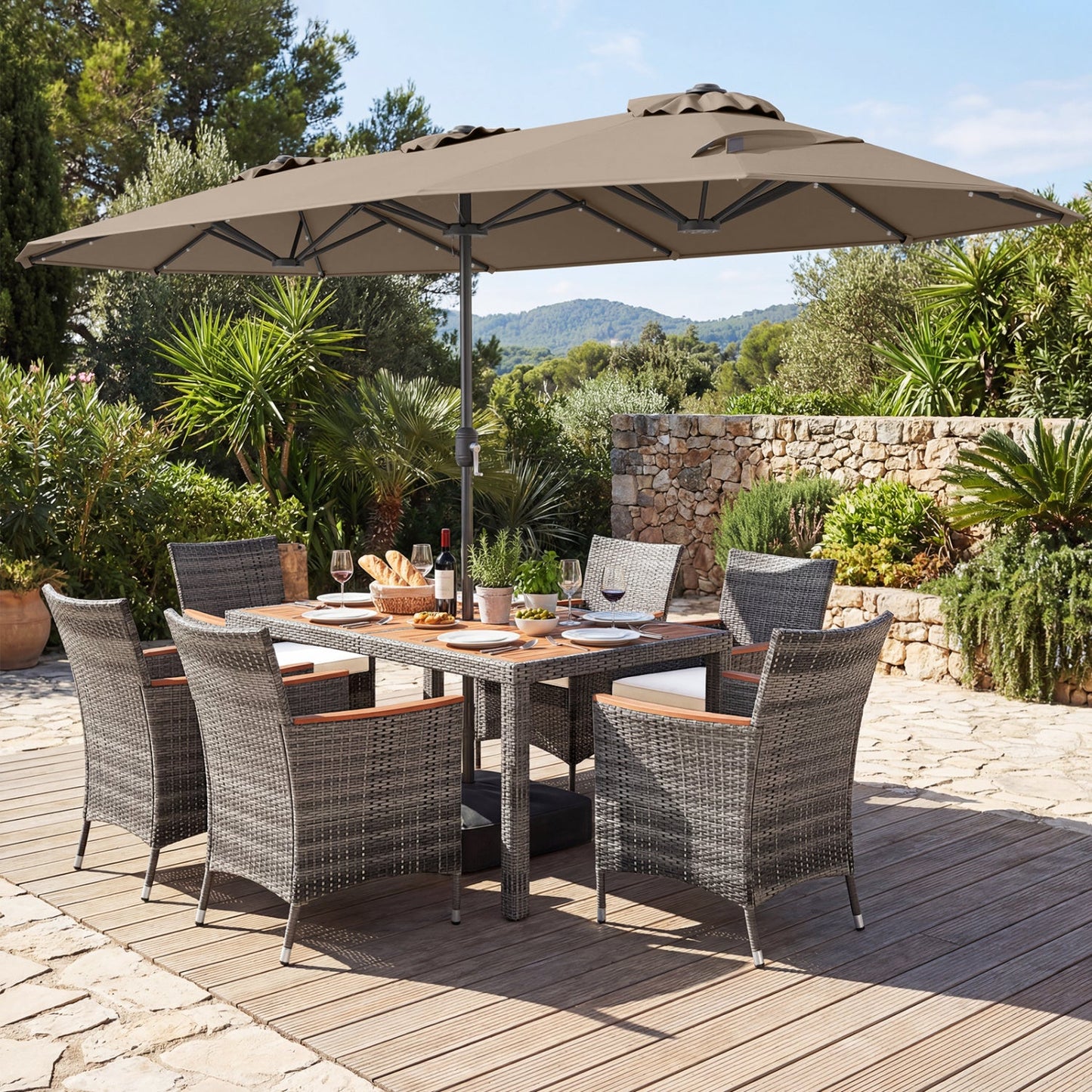 8 Pieces Outdoor Wicker Dining Furniture and 13.5 FT Double-Sided Patio Umbrella- DirectDeals- {{Product type}}