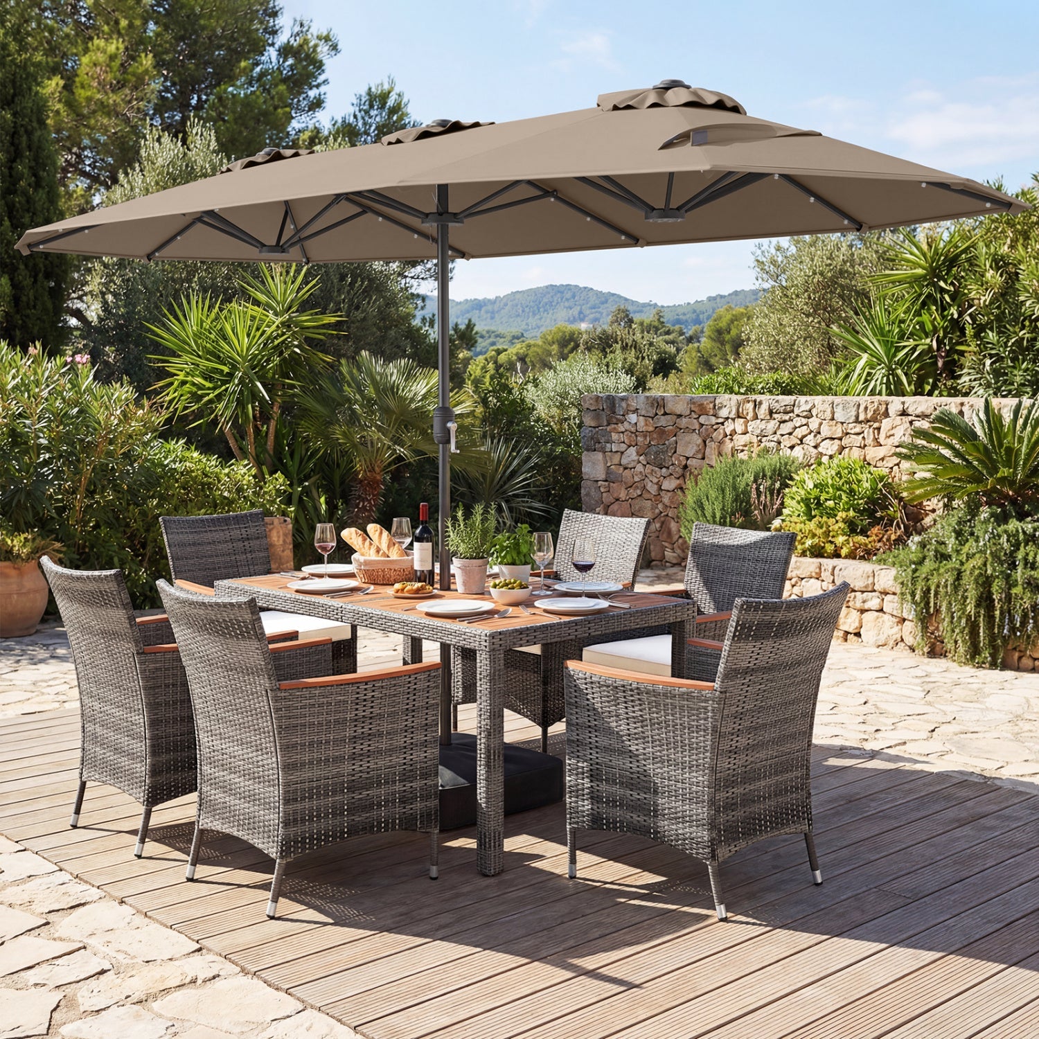8 Pieces Outdoor Wicker Dining Furniture and 13.5 FT Double-Sided Patio Umbrella- DirectDeals- {{Product type}}