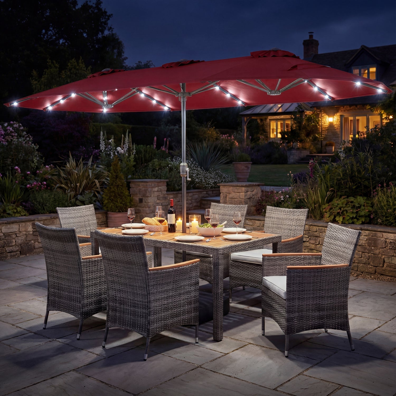 8 Pieces Outdoor Wicker Dining Furniture and 13.5 FT Double-Sided Patio Umbrella- DirectDeals- {{Product type}}