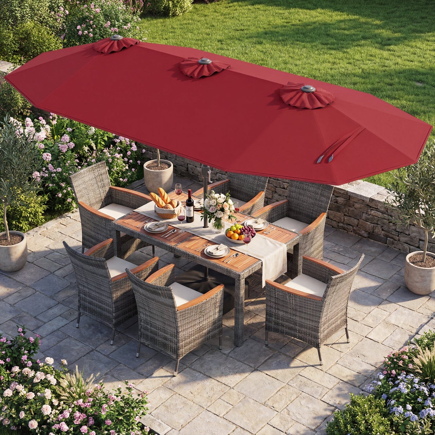 8 Pieces Outdoor Wicker Dining Furniture and 13.5 FT Double-Sided Patio Umbrella- DirectDeals- {{Product type}}