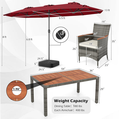8 Pieces Outdoor Wicker Dining Furniture and 13.5 FT Double-Sided Patio Umbrella- DirectDeals- {{Product type}}