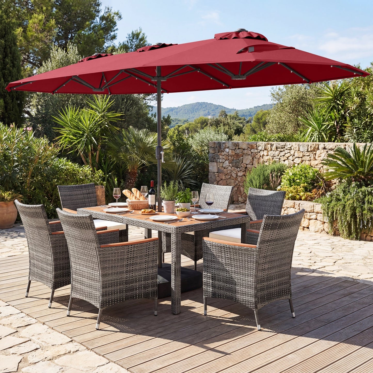 8 Pieces Outdoor Wicker Dining Furniture and 13.5 FT Double-Sided Patio Umbrella- DirectDeals- {{Product type}}