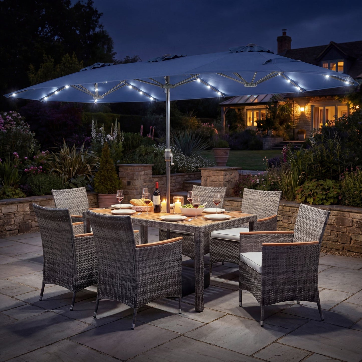 8 Pieces Outdoor Wicker Dining Furniture and 13.5 FT Double-Sided Patio Umbrella- DirectDeals- {{Product type}}