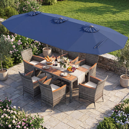 8 Pieces Outdoor Wicker Dining Furniture and 13.5 FT Double-Sided Patio Umbrella- DirectDeals- {{Product type}}