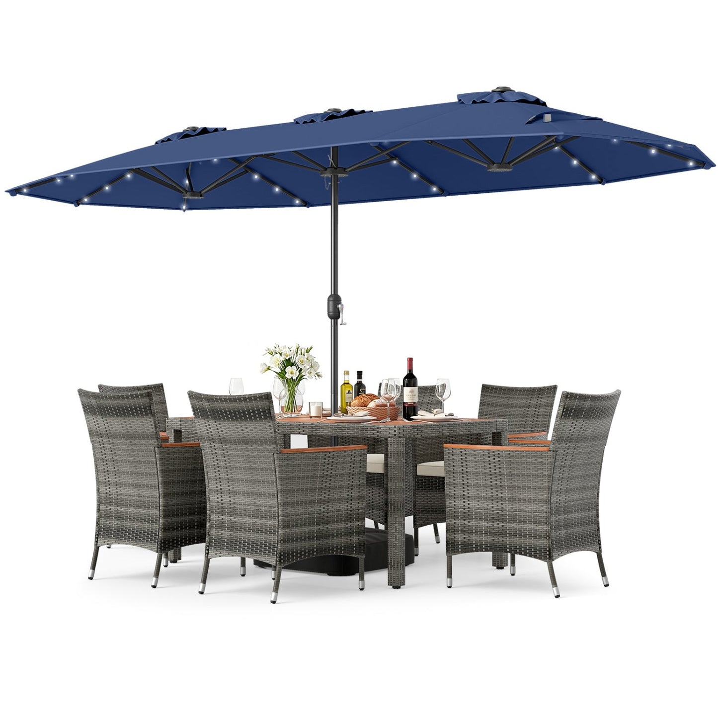 8 Pieces Outdoor Wicker Dining Furniture and 13.5 FT Double-Sided Patio Umbrella- DirectDeals- {{Product type}}