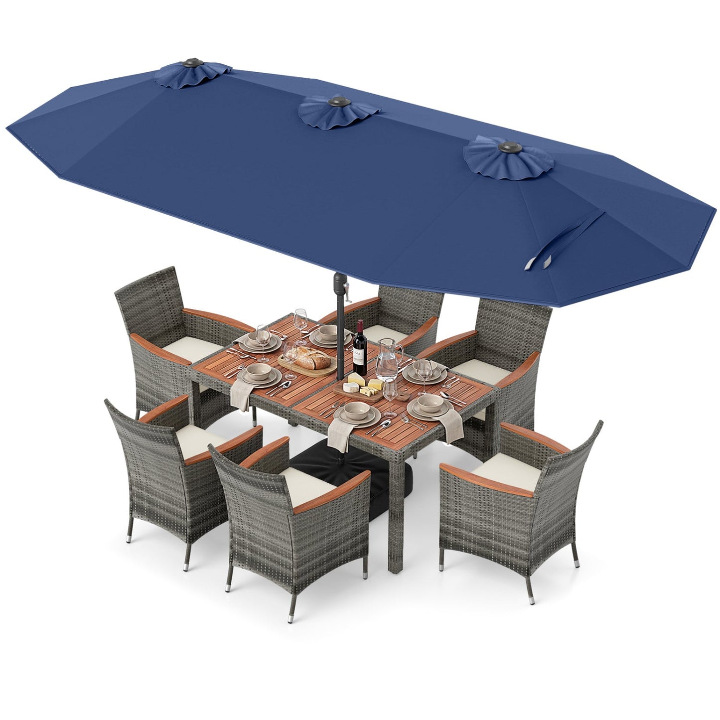 8 Pieces Outdoor Wicker Dining Furniture and 13.5 FT Double-Sided Patio Umbrella- DirectDeals- {{Product type}}