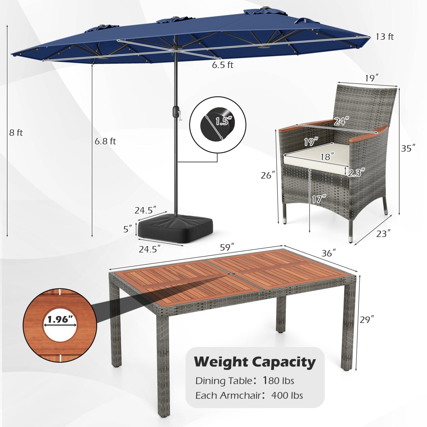 8 Pieces Outdoor Wicker Dining Furniture and 13.5 FT Double-Sided Patio Umbrella- DirectDeals- {{Product type}}