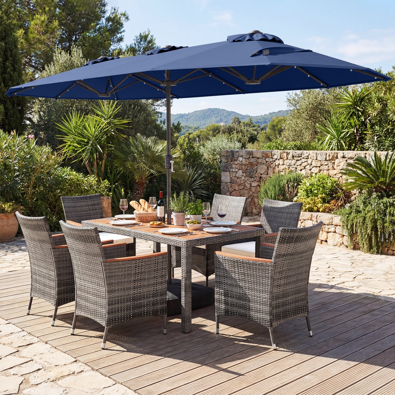 8 Pieces Outdoor Wicker Dining Furniture and 13.5 FT Double-Sided Patio Umbrella- DirectDeals- {{Product type}}