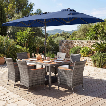 8 Pieces Outdoor Wicker Dining Furniture and 13.5 FT Double-Sided Patio Umbrella- DirectDeals- {{Product type}}
