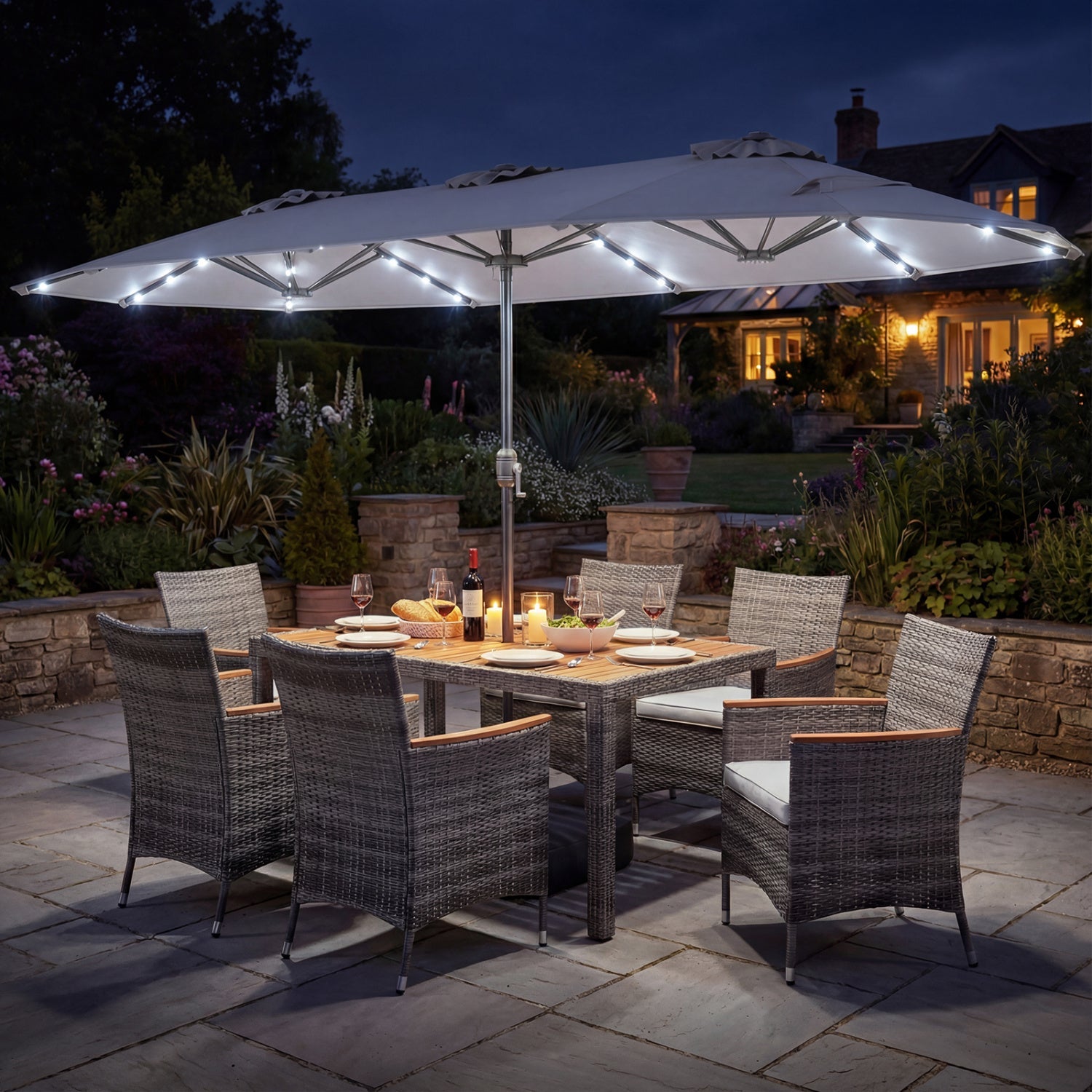 8 Pieces Outdoor Wicker Dining Furniture and 13.5 FT Double-Sided Patio Umbrella- DirectDeals- {{Product type}}