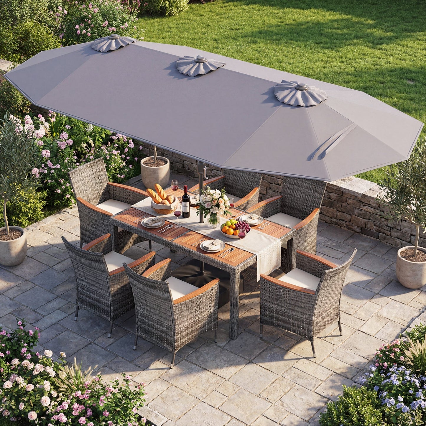 8 Pieces Outdoor Wicker Dining Furniture and 13.5 FT Double-Sided Patio Umbrella- DirectDeals- {{Product type}}