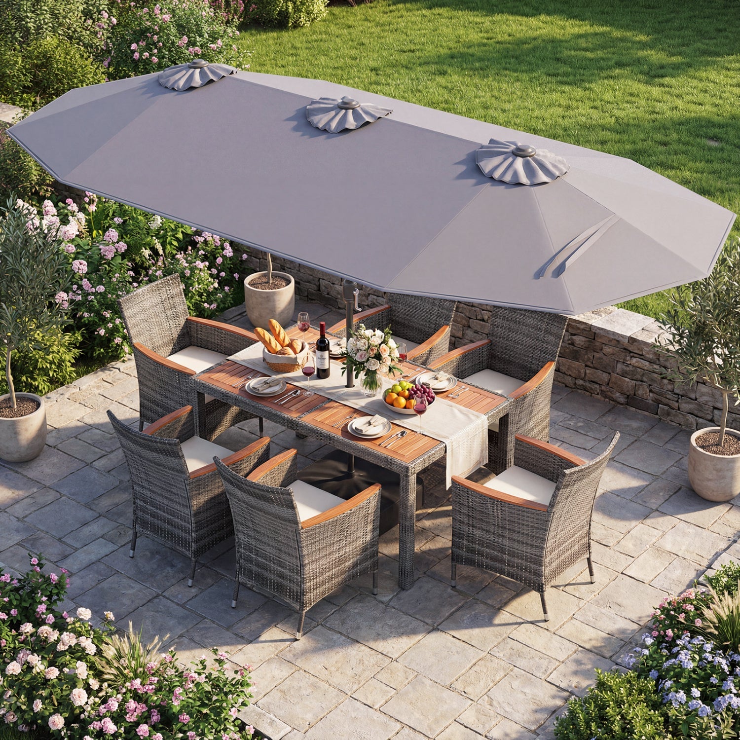 8 Pieces Outdoor Wicker Dining Furniture and 13.5 FT Double-Sided Patio Umbrella- DirectDeals- {{Product type}}