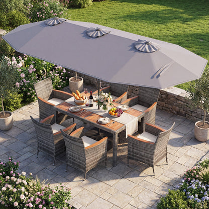 8 Pieces Outdoor Wicker Dining Furniture and 13.5 FT Double-Sided Patio Umbrella- DirectDeals- {{Product type}}