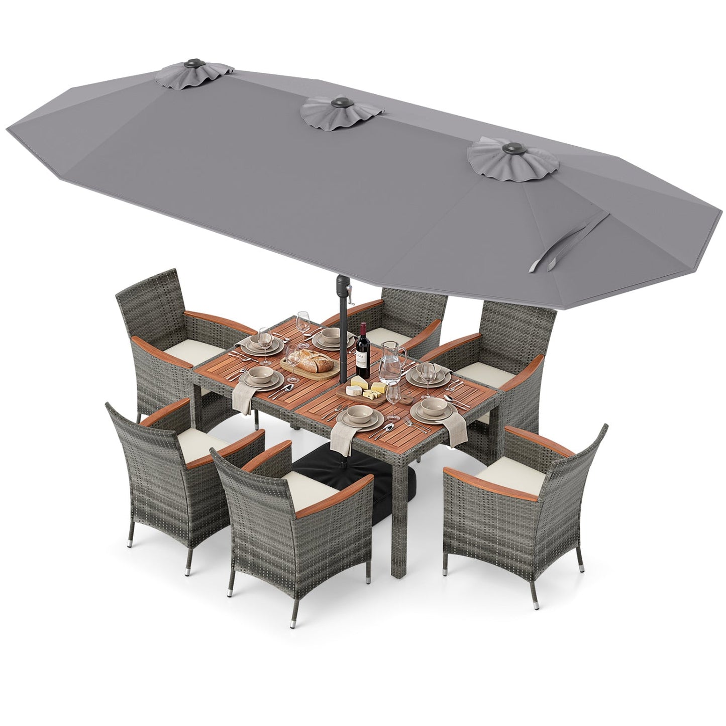 8 Pieces Outdoor Wicker Dining Furniture and 13.5 FT Double-Sided Patio Umbrella- DirectDeals- {{Product type}}