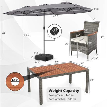 8 Pieces Outdoor Wicker Dining Furniture and 13.5 FT Double-Sided Patio Umbrella- DirectDeals- {{Product type}}