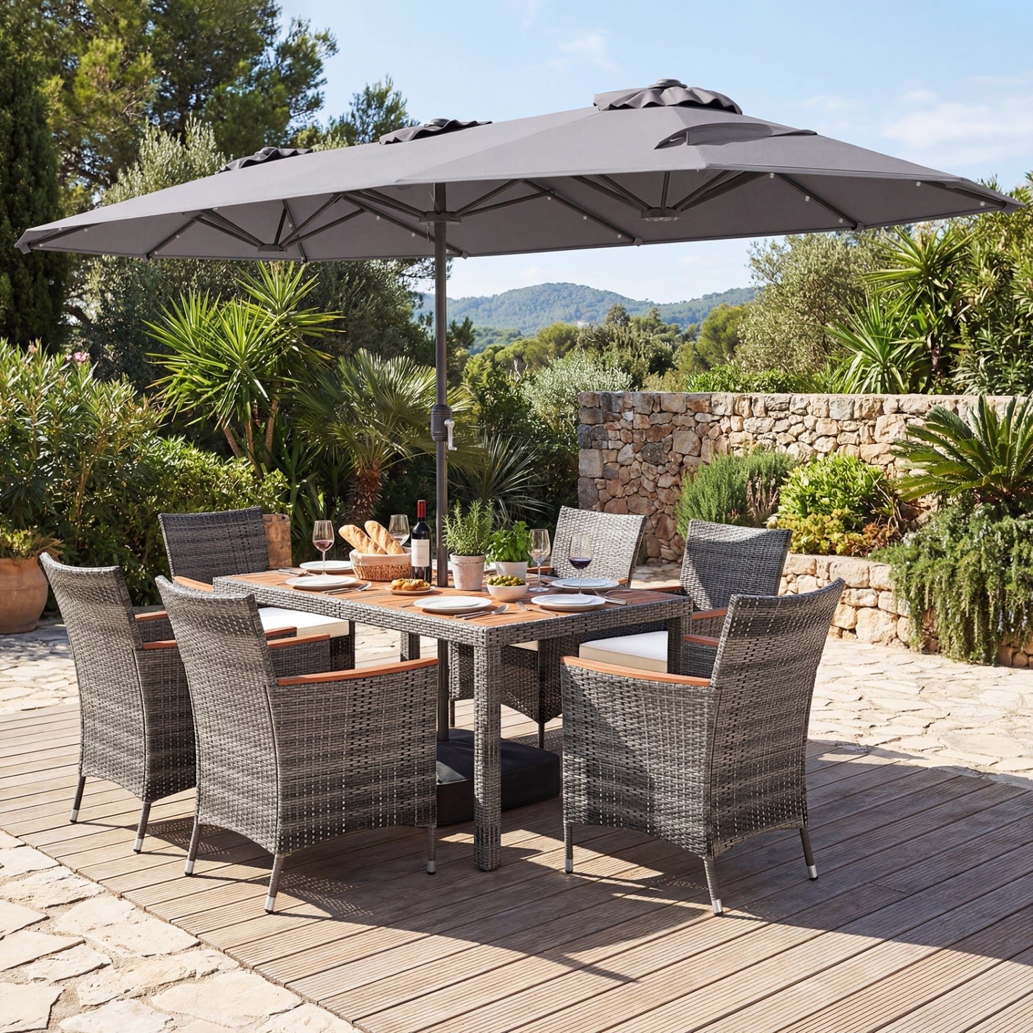 8 Pieces Outdoor Wicker Dining Furniture and 13.5 FT Double-Sided Patio Umbrella- DirectDeals- {{Product type}}