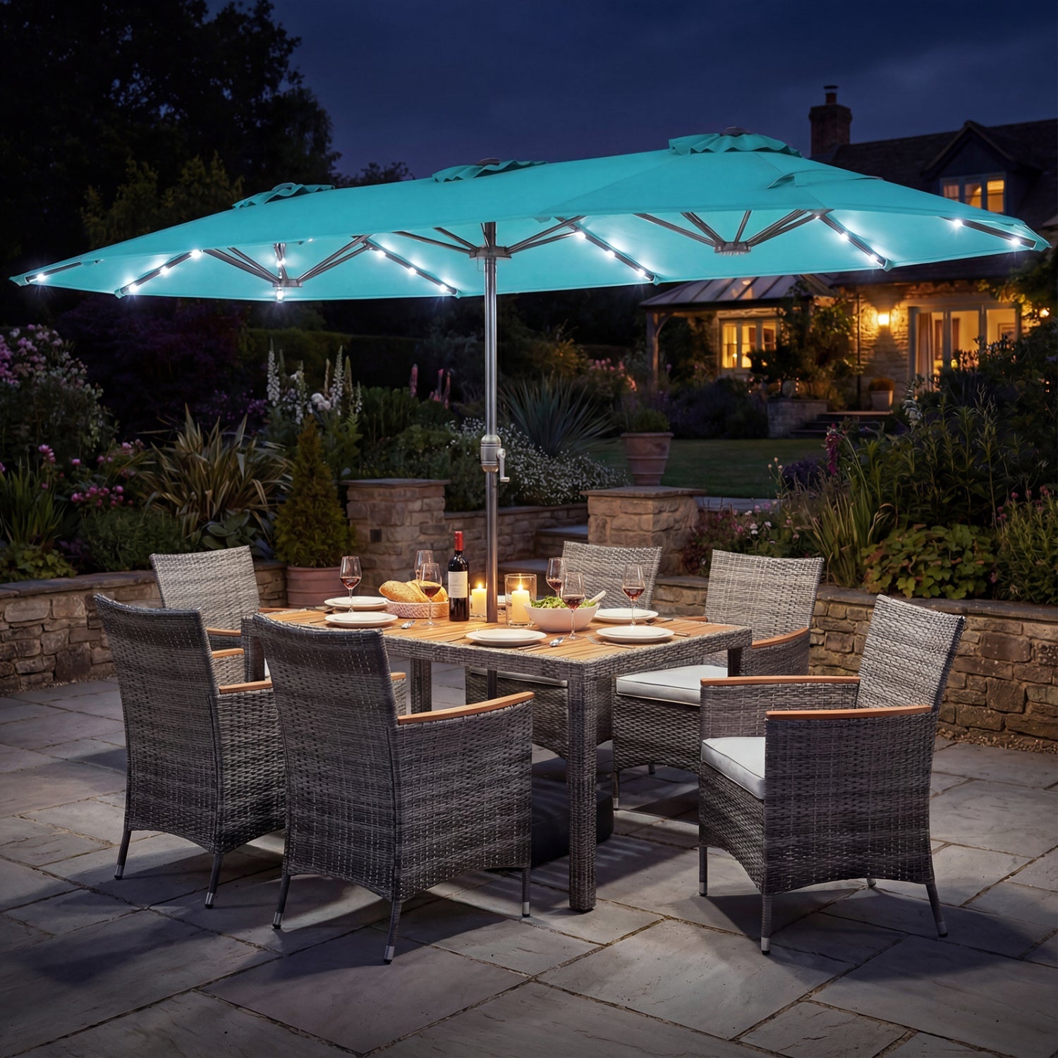 8 Pieces Outdoor Wicker Dining Furniture and 13.5 FT Double-Sided Patio Umbrella- DirectDeals- {{Product type}}