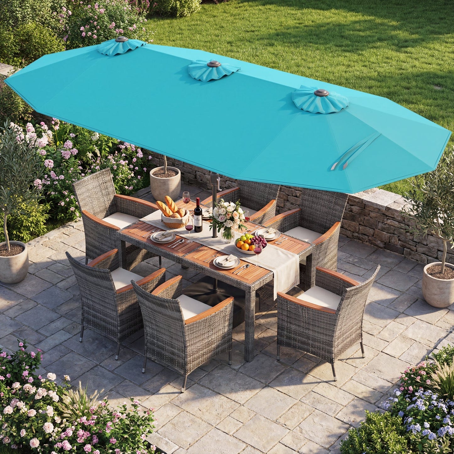 8 Pieces Outdoor Wicker Dining Furniture and 13.5 FT Double-Sided Patio Umbrella- DirectDeals- {{Product type}}