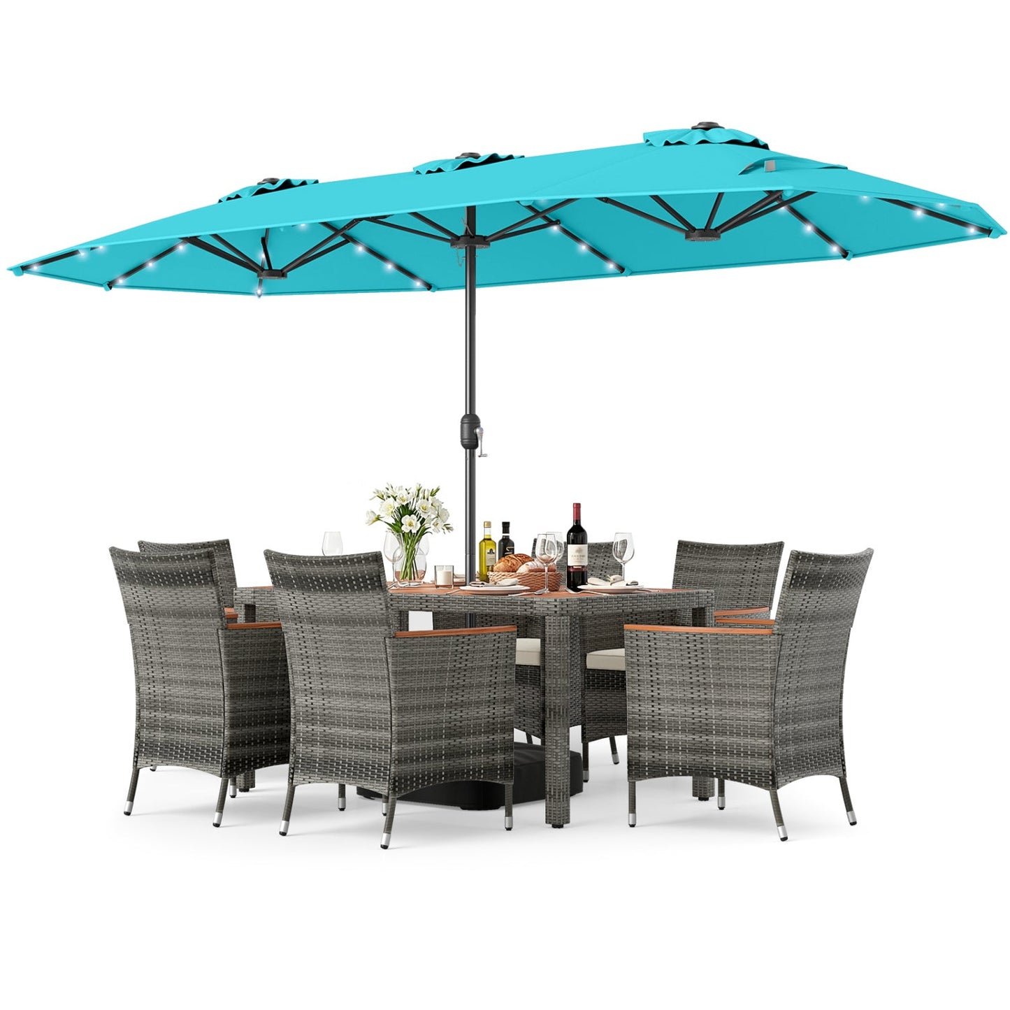8 Pieces Outdoor Wicker Dining Furniture and 13.5 FT Double-Sided Patio Umbrella- DirectDeals- {{Product type}}