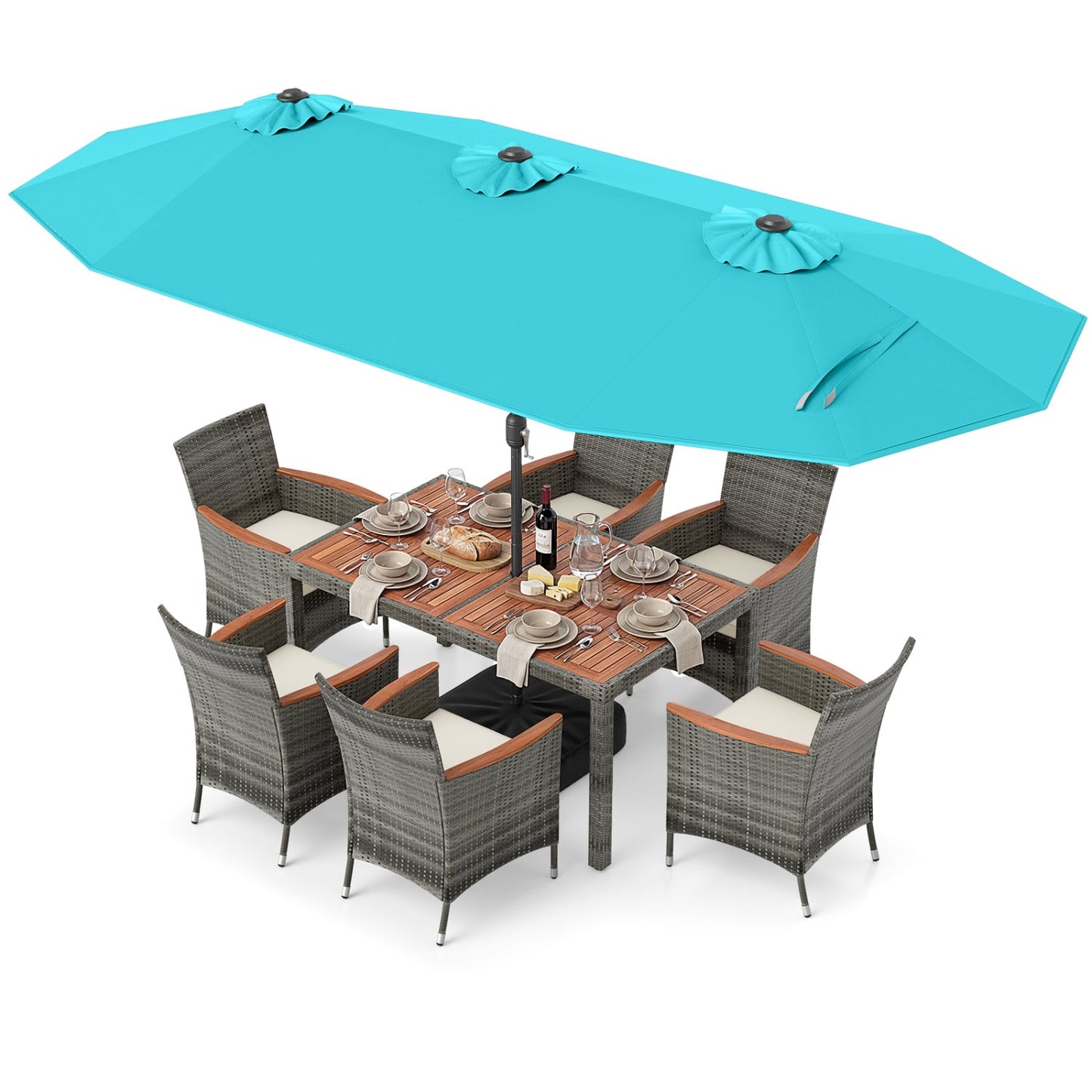 8 Pieces Outdoor Wicker Dining Furniture and 13.5 FT Double-Sided Patio Umbrella- DirectDeals- {{Product type}}