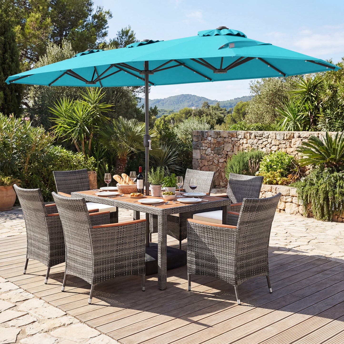 8 Pieces Outdoor Wicker Dining Furniture and 13.5 FT Double-Sided Patio Umbrella- DirectDeals- {{Product type}}