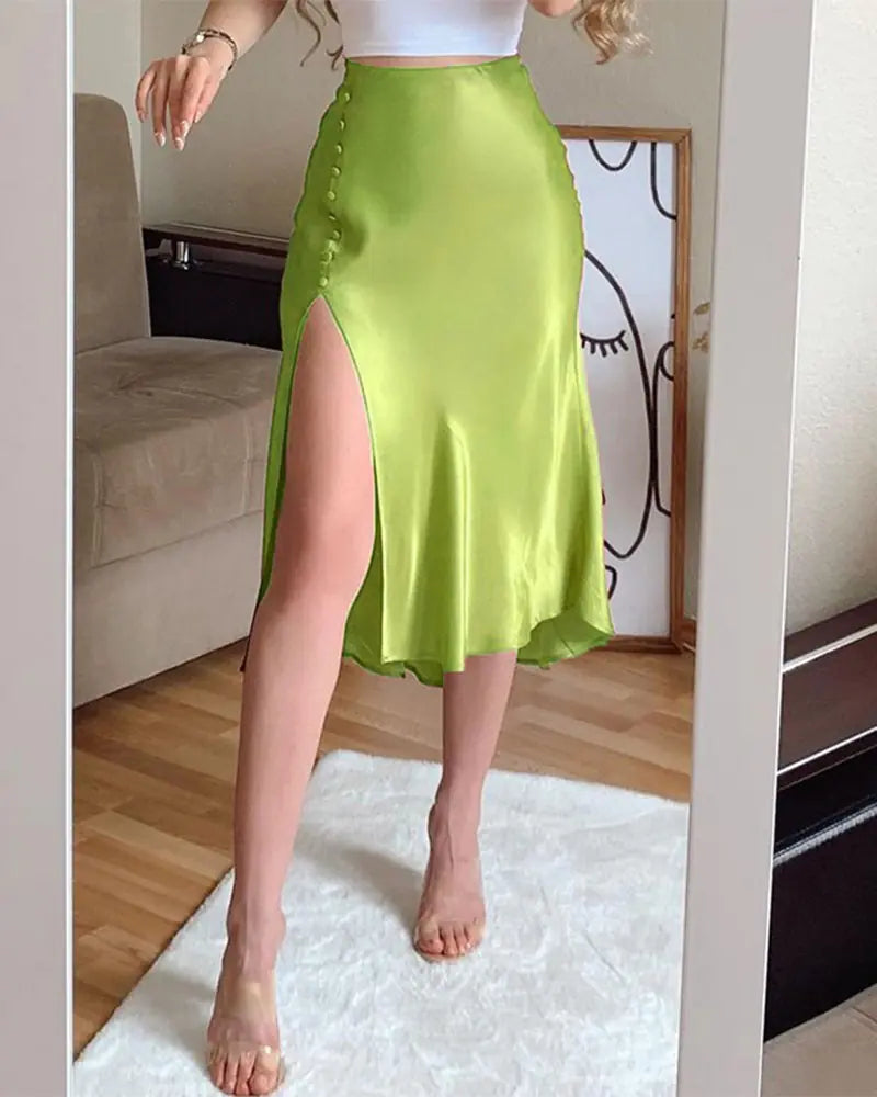 New Women's High Waist Polka Dot Slit Mid-Length Skirt