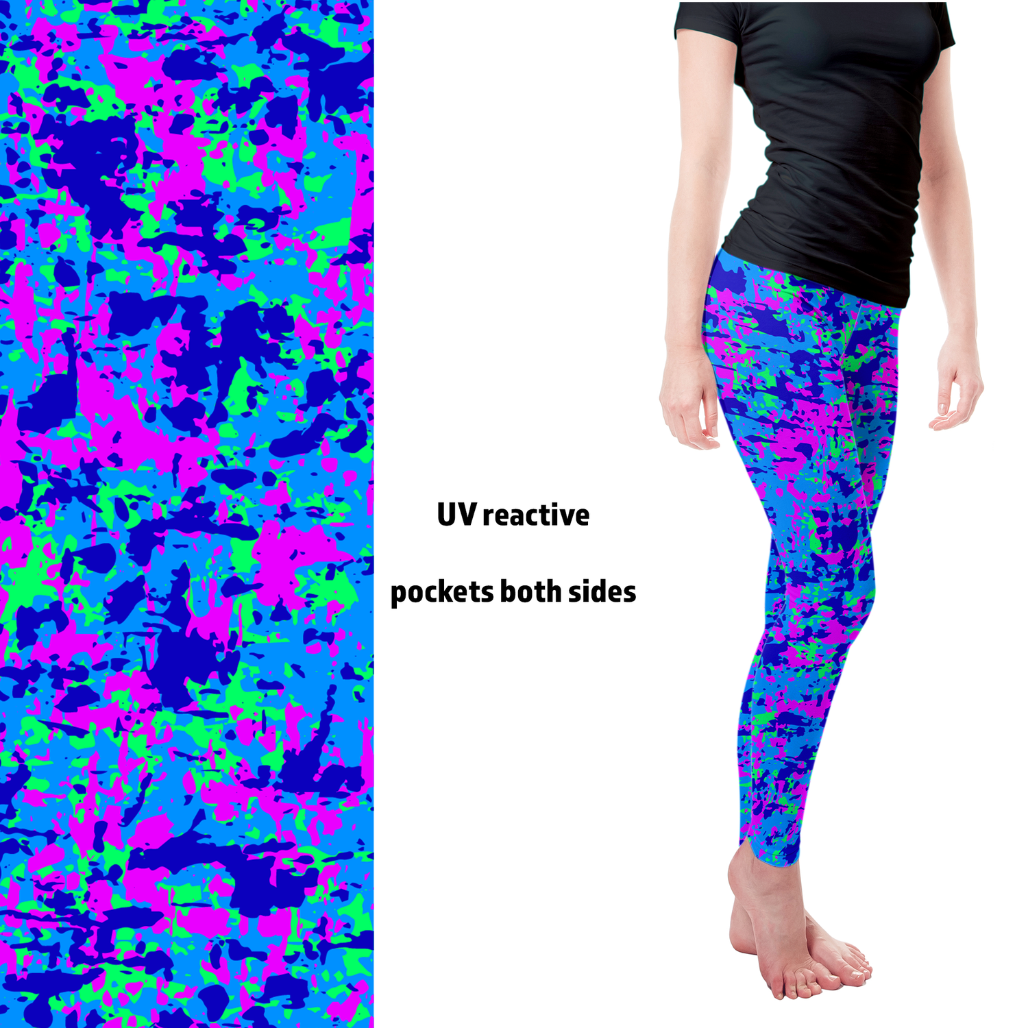 UV Reactive Blacklight Bliss Fluorescent Neon Camo Full Leggings with pockets - - Apparel