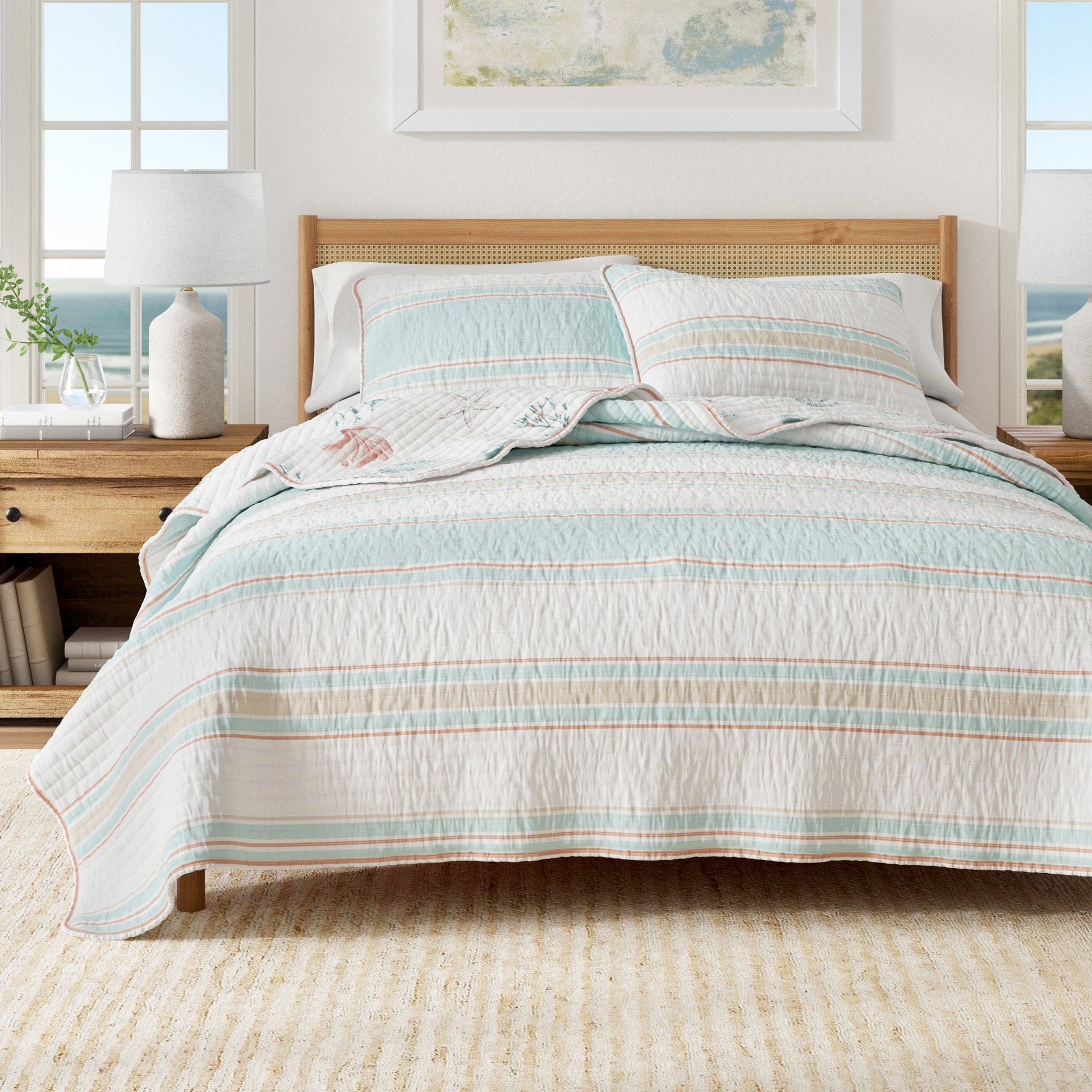 Coastal Printed Cotton Quilt Set - St. Augustine Collection - Flag Stripe Kelp Breeze - Quilts & Comforters
